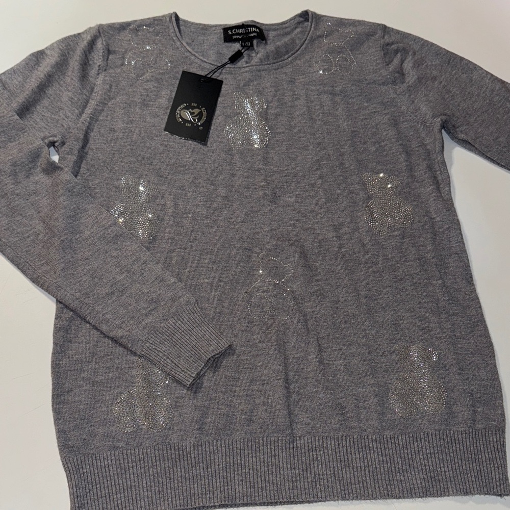 S. Christina Gray Rhinestone Teddy Bear 🧸 100% Cashmere Knit Top